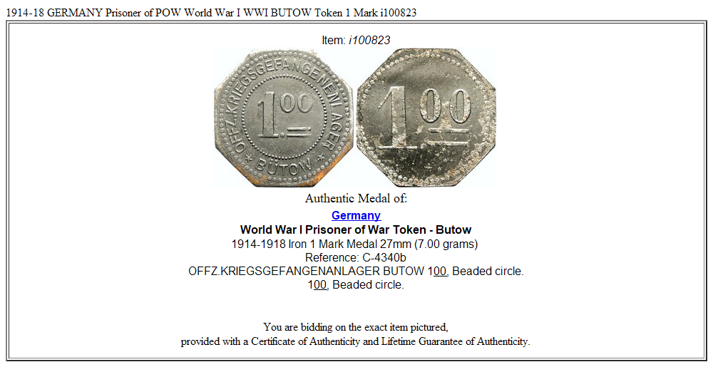 1914-18 GERMANY Prisoner of POW World War I WWI BUTOW Token 1 Mark i100823