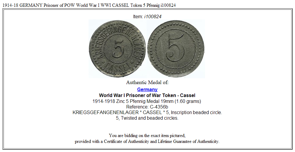 1914-18 GERMANY Prisoner of POW World War I WWI CASSEL Token 5 Pfennig i100824