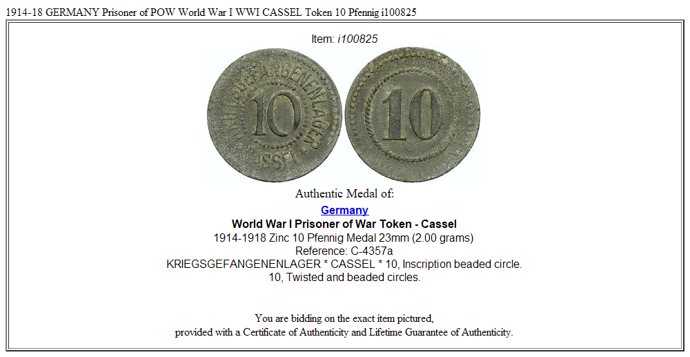 1914-18 GERMANY Prisoner of POW World War I WWI CASSEL Token 10 Pfennig i100825