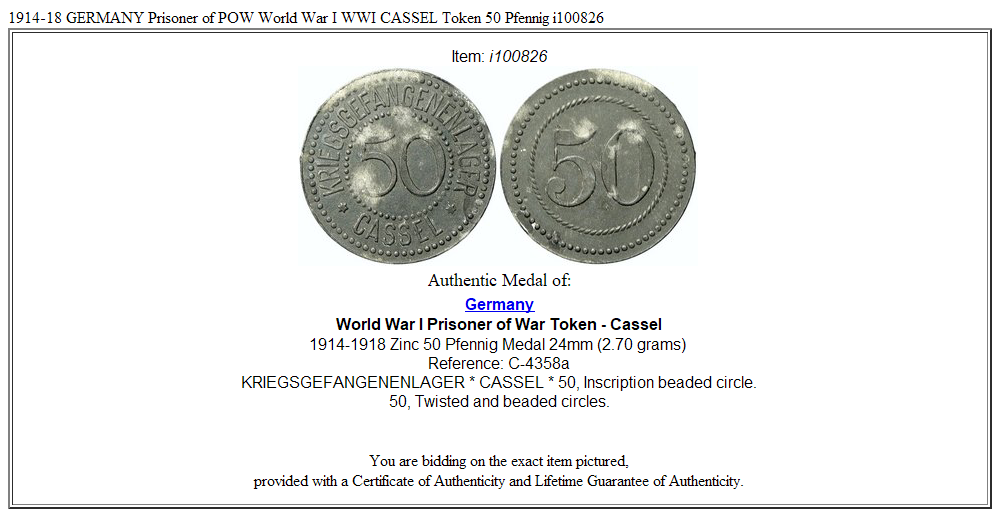 1914-18 GERMANY Prisoner of POW World War I WWI CASSEL Token 50 Pfennig i100826