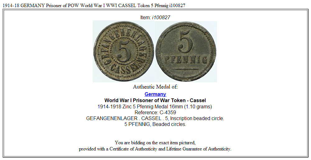 1914-18 GERMANY Prisoner of POW World War I WWI CASSEL Token 5 Pfennig i100827