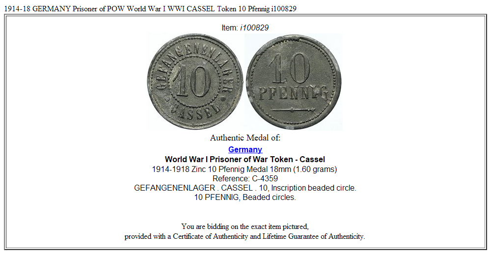 1914-18 GERMANY Prisoner of POW World War I WWI CASSEL Token 10 Pfennig i100829