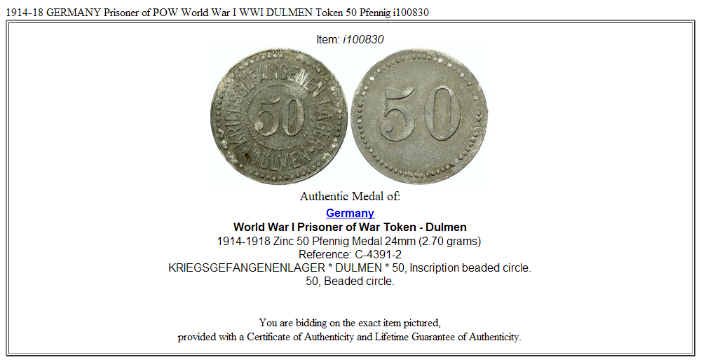 1914-18 GERMANY Prisoner of POW World War I WWI DULMEN Token 50 Pfennig i100830