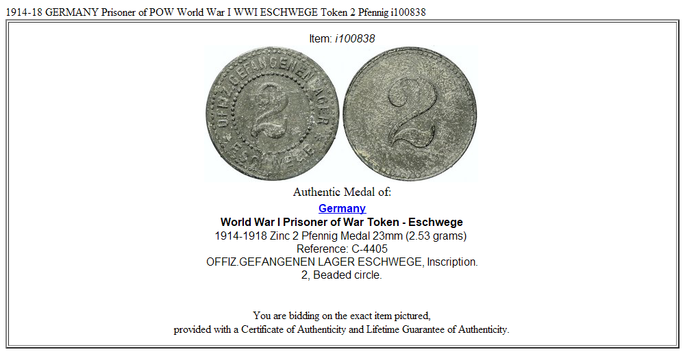 1914-18 GERMANY Prisoner of POW World War I WWI ESCHWEGE Token 2 Pfennig i100838