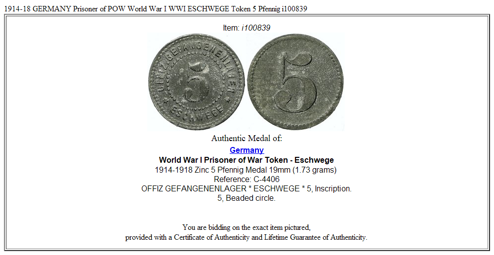 1914-18 GERMANY Prisoner of POW World War I WWI ESCHWEGE Token 5 Pfennig i100839