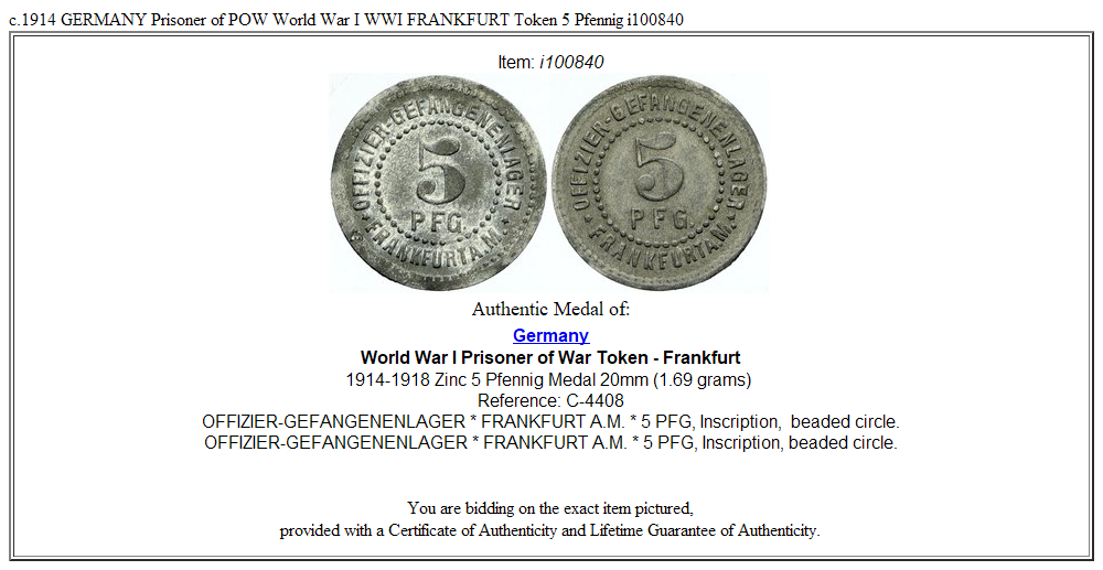 c.1914 GERMANY Prisoner of POW World War I WWI FRANKFURT Token 5 Pfennig i100840