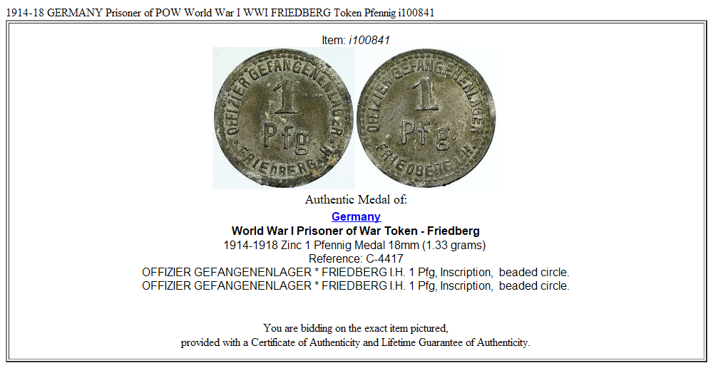 1914-18 GERMANY Prisoner of POW World War I WWI FRIEDBERG Token Pfennig i100841