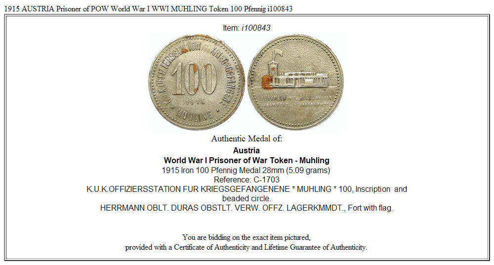 1915 AUSTRIA Prisoner of POW World War I WWI MUHLING Token 100 Pfennig i100843