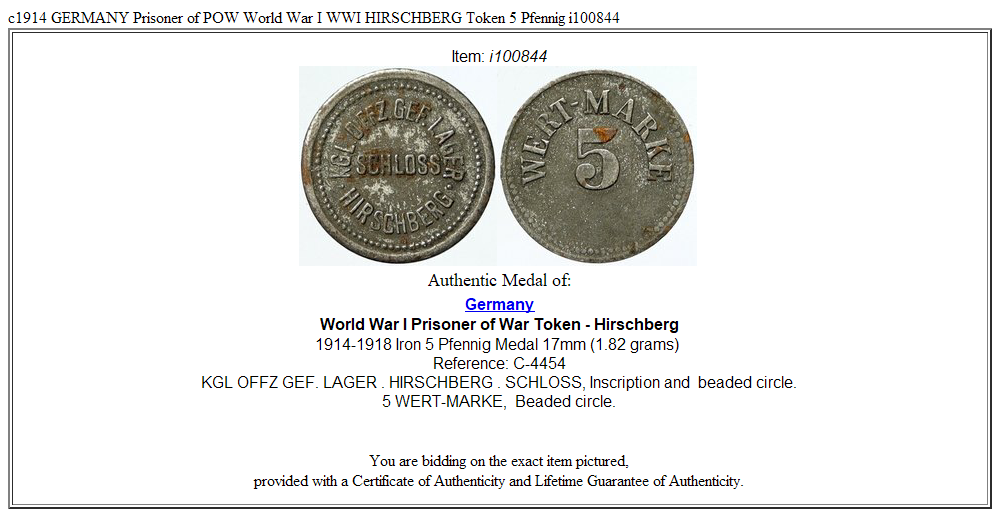 c1914 GERMANY Prisoner of POW World War I WWI HIRSCHBERG Token 5 Pfennig i100844