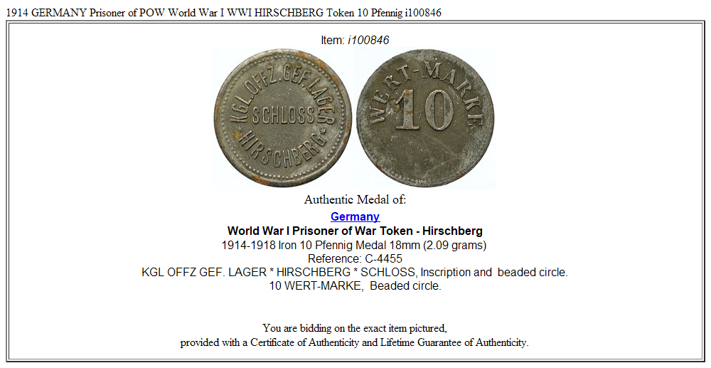 1914 GERMANY Prisoner of POW World War I WWI HIRSCHBERG Token 10 Pfennig i100846