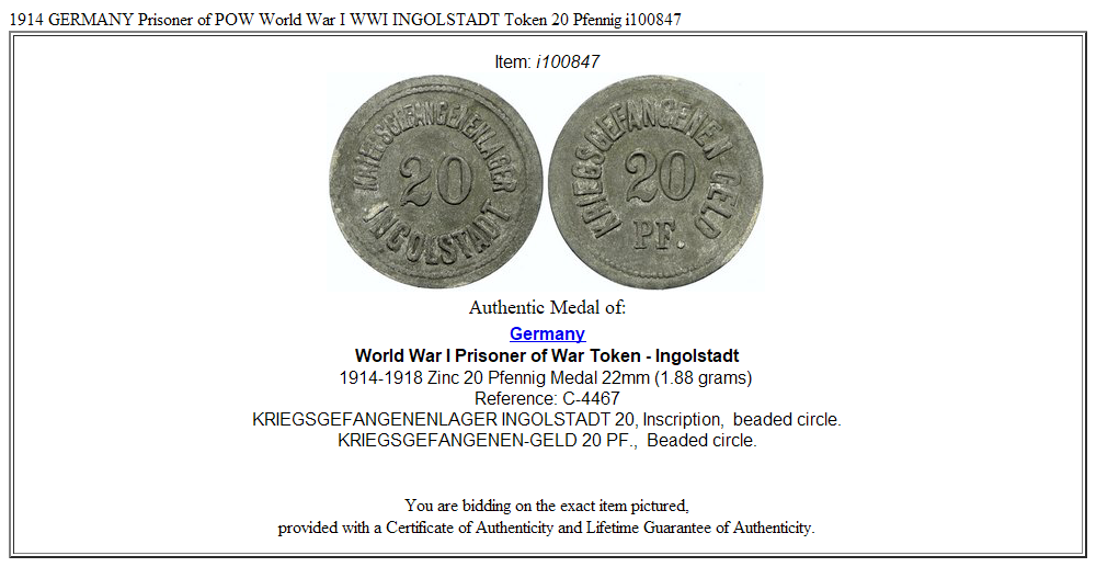 1914 GERMANY Prisoner of POW World War I WWI INGOLSTADT Token 20 Pfennig i100847