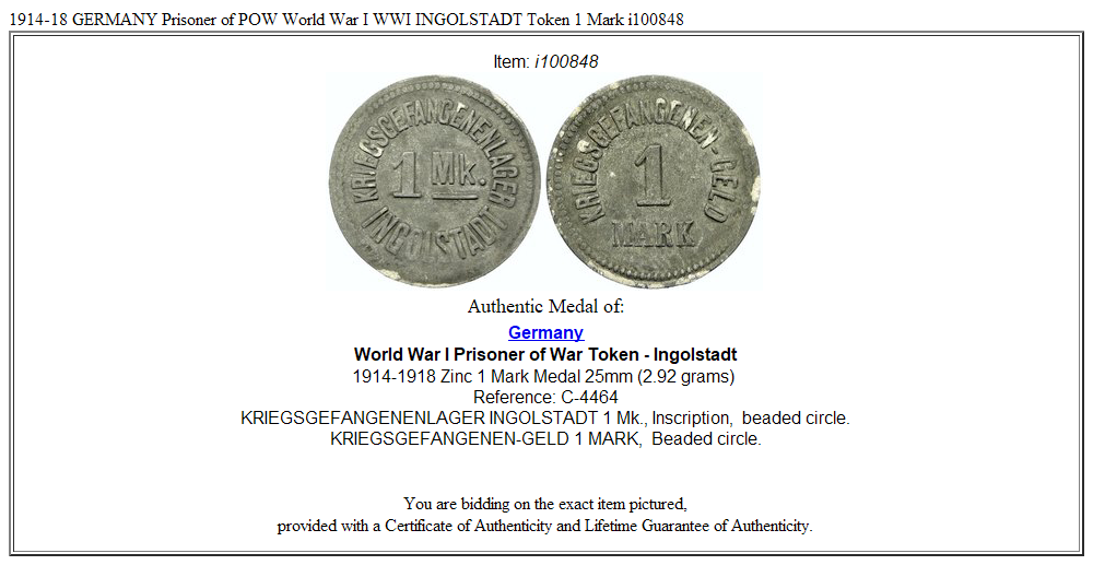 1914-18 GERMANY Prisoner of POW World War I WWI INGOLSTADT Token 1 Mark i100848