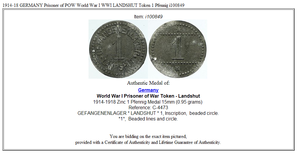 1914-18 GERMANY Prisoner of POW World War I WWI LANDSHUT Token 1 Pfennig i100849