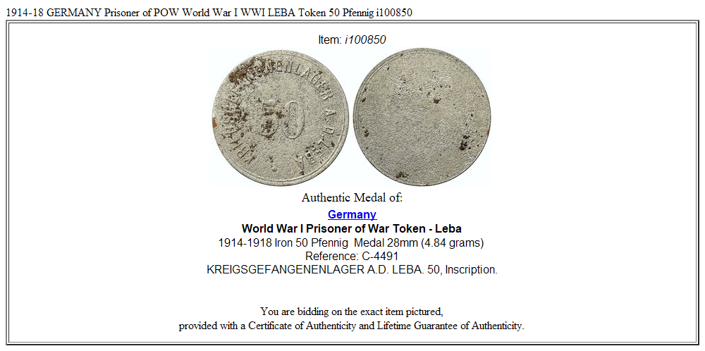 1914-18 GERMANY Prisoner of POW World War I WWI LEBA Token 50 Pfennig i100850