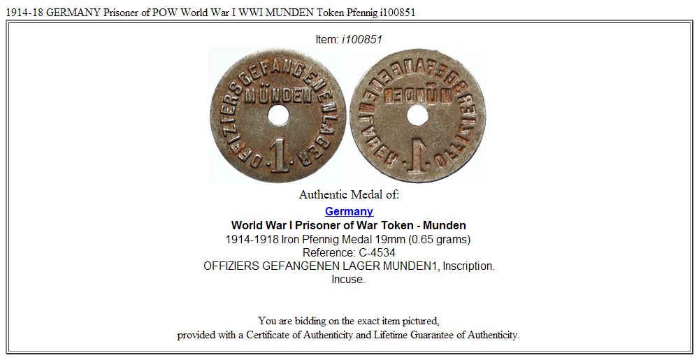 1914-18 GERMANY Prisoner of POW World War I WWI MUNDEN Token Pfennig i100851