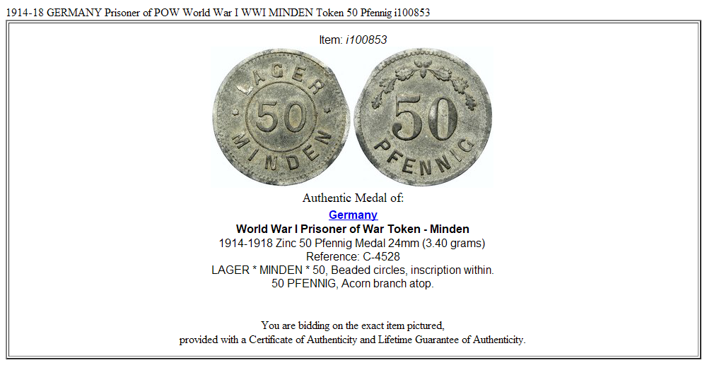 1914-18 GERMANY Prisoner of POW World War I WWI MINDEN Token 50 Pfennig i100853