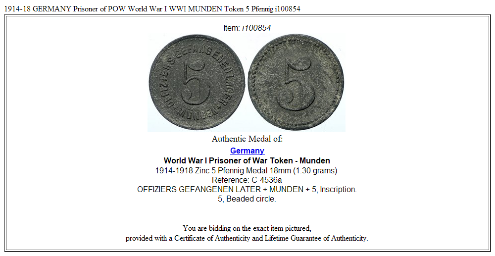 1914-18 GERMANY Prisoner of POW World War I WWI MUNDEN Token 5 Pfennig i100854