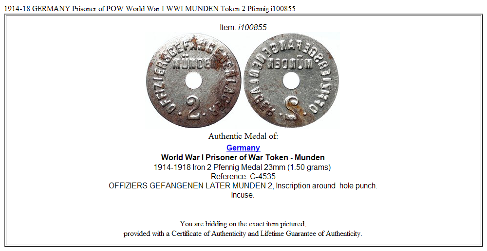 1914-18 GERMANY Prisoner of POW World War I WWI MUNDEN Token 2 Pfennig i100855