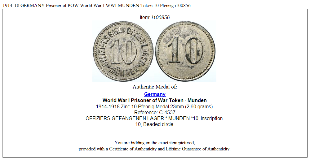 1914-18 GERMANY Prisoner of POW World War I WWI MUNDEN Token 10 Pfennig i100856