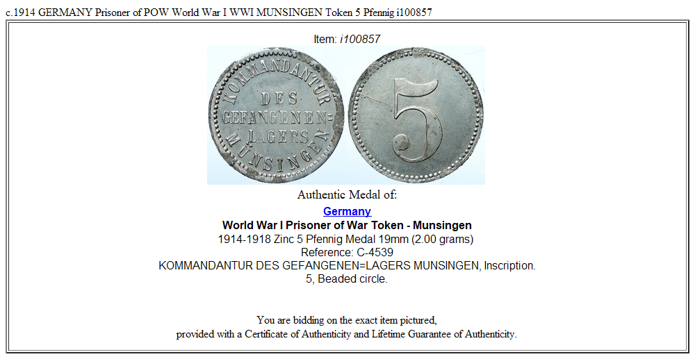 c.1914 GERMANY Prisoner of POW World War I WWI MUNSINGEN Token 5 Pfennig i100857