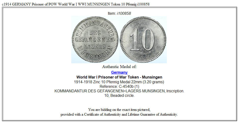 c1914 GERMANY Prisoner of POW World War I WWI MUNSINGEN Token 10 Pfennig i100858