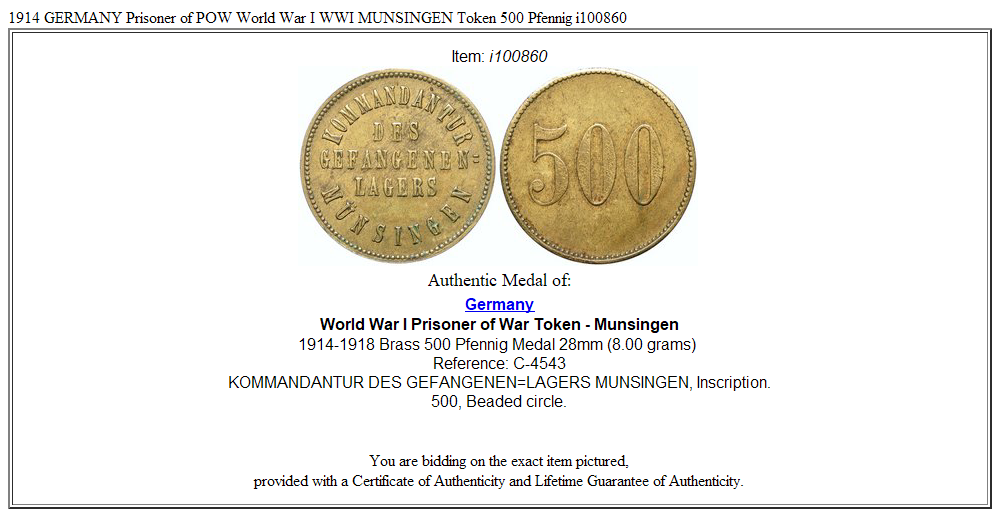 1914 GERMANY Prisoner of POW World War I WWI MUNSINGEN Token 500 Pfennig i100860