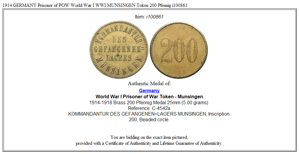 1914 GERMANY Prisoner of POW World War I WWI MUNSINGEN Token 200 Pfennig i100861