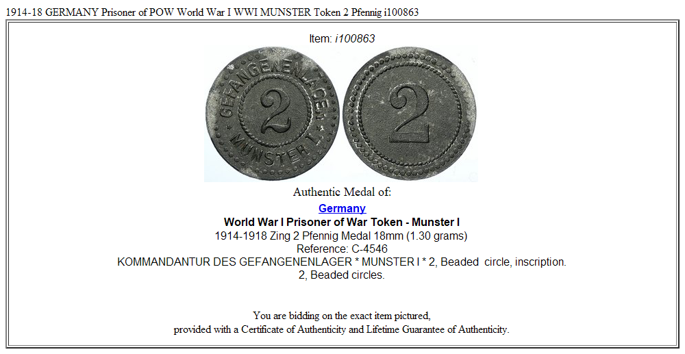 1914-18 GERMANY Prisoner of POW World War I WWI MUNSTER Token 2 Pfennig i100863