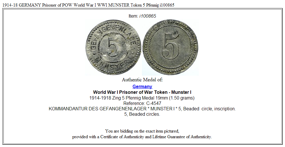 1914-18 GERMANY Prisoner of POW World War I WWI MUNSTER Token 5 Pfennig i100865