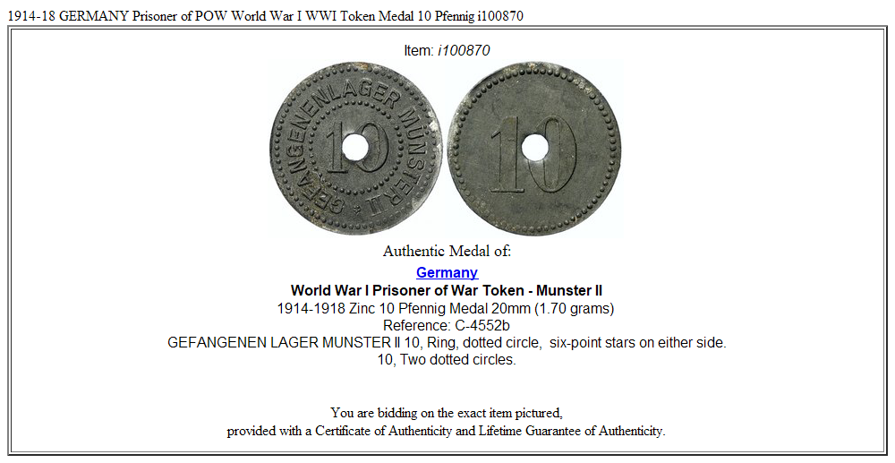 1914-18 GERMANY Prisoner of POW World War I WWI Token Medal 10 Pfennig i100870