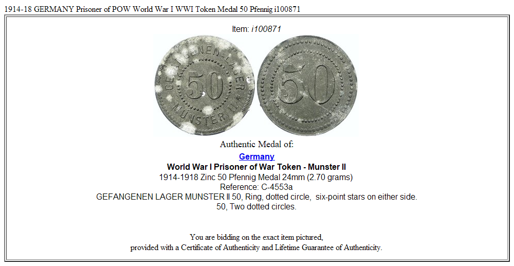 1914-18 GERMANY Prisoner of POW World War I WWI Token Medal 50 Pfennig i100871