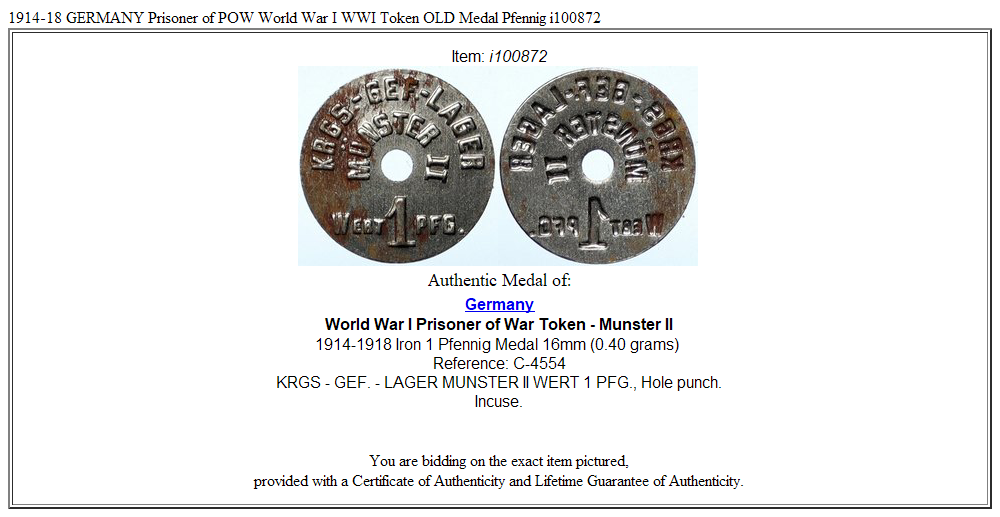 1914-18 GERMANY Prisoner of POW World War I WWI Token OLD Medal Pfennig i100872