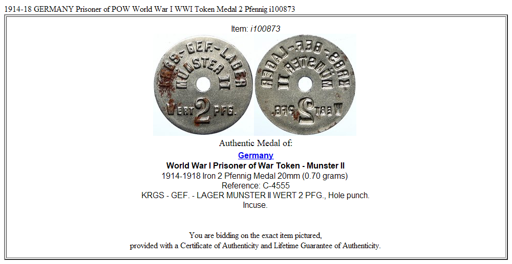 1914-18 GERMANY Prisoner of POW World War I WWI Token Medal 2 Pfennig i100873