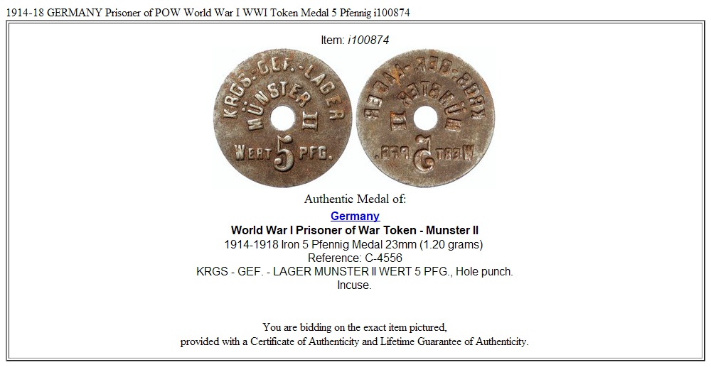 1914-18 GERMANY Prisoner of POW World War I WWI Token Medal 5 Pfennig i100874