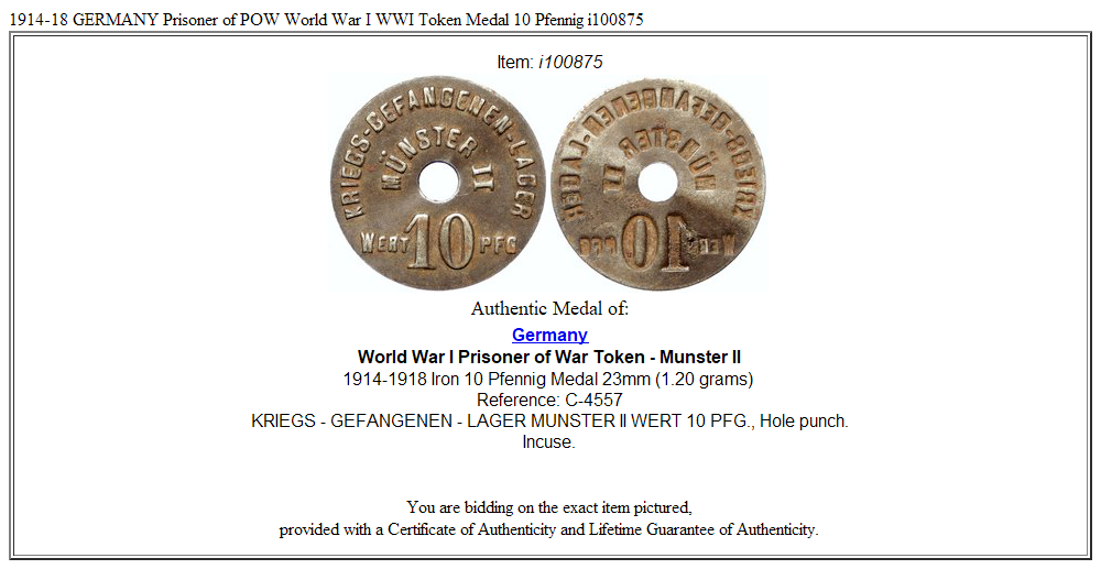 1914-18 GERMANY Prisoner of POW World War I WWI Token Medal 10 Pfennig i100875