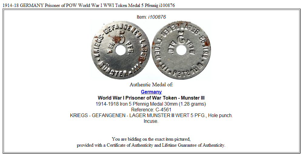 1914-18 GERMANY Prisoner of POW World War I WWI Token Medal 5 Pfennig i100876