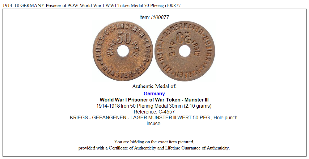 1914-18 GERMANY Prisoner of POW World War I WWI Token Medal 50 Pfennig i100877