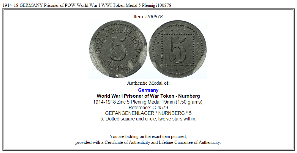 1914-18 GERMANY Prisoner of POW World War I WWI Token Medal 5 Pfennig i100878