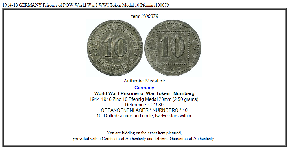 1914-18 GERMANY Prisoner of POW World War I WWI Token Medal 10 Pfennig i100879