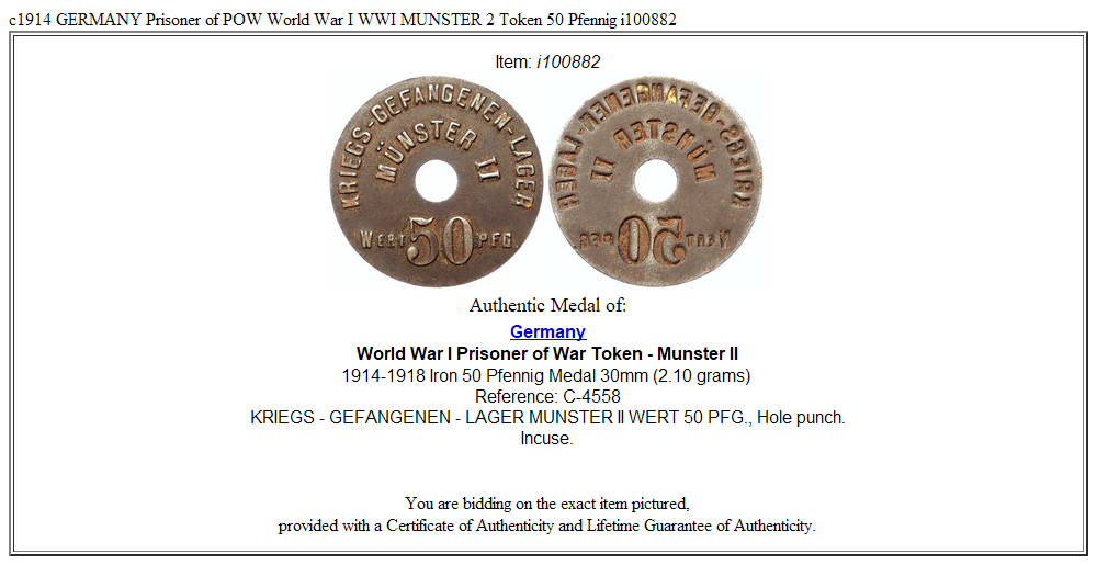 c1914 GERMANY Prisoner of POW World War I WWI MUNSTER 2 Token 50 Pfennig i100882