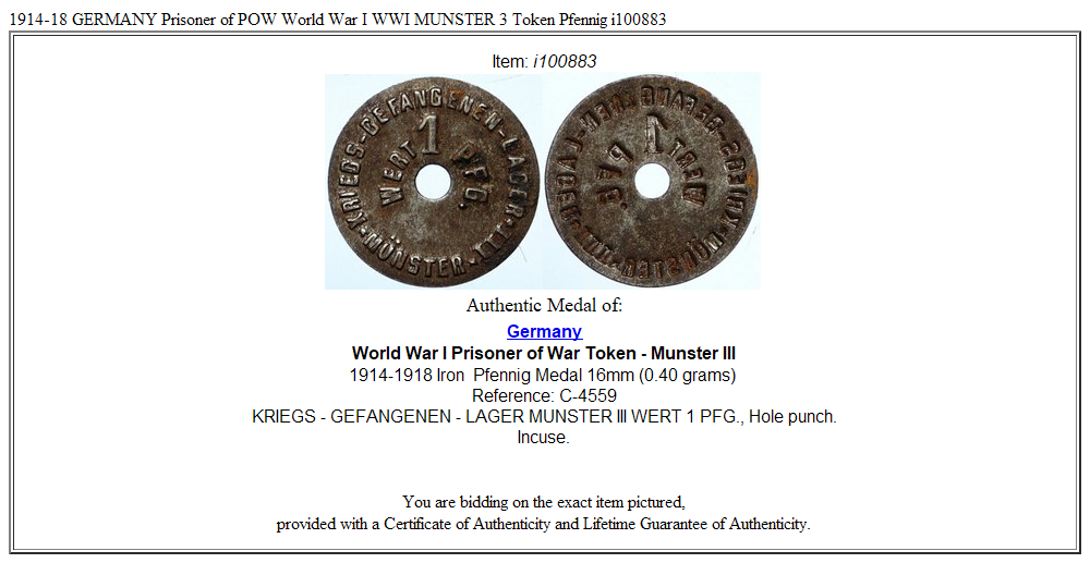 1914-18 GERMANY Prisoner of POW World War I WWI MUNSTER 3 Token Pfennig i100883