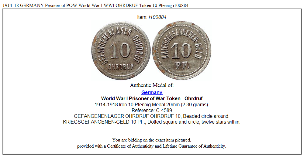 1914-18 GERMANY Prisoner of POW World War I WWI OHRDRUF Token 10 Pfennig i100884