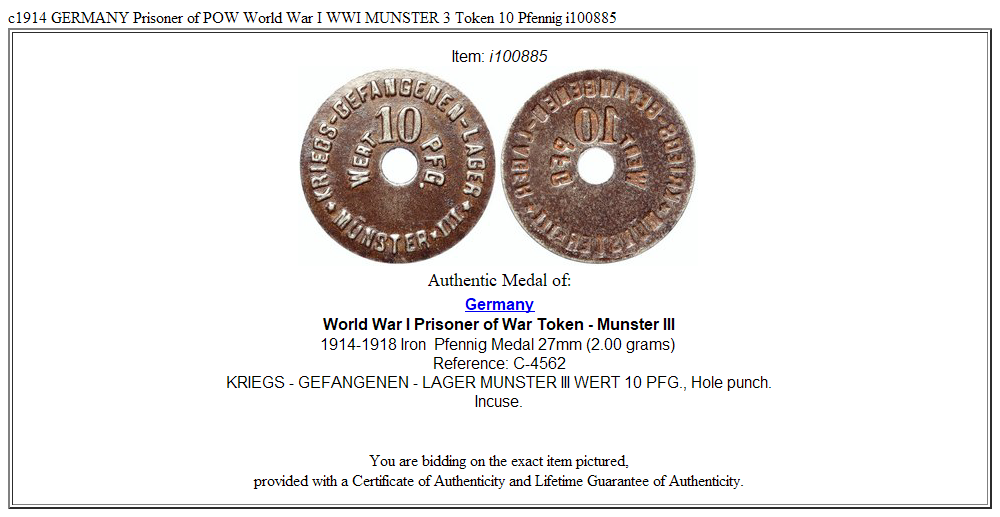 c1914 GERMANY Prisoner of POW World War I WWI MUNSTER 3 Token 10 Pfennig i100885