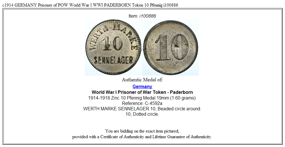 c1914 GERMANY Prisoner of POW World War I WWI PADERBORN Token 10 Pfennig i100886