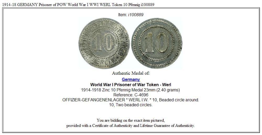 1914-18 GERMANY Prisoner of POW World War I WWI WERL Token 10 Pfennig i100889