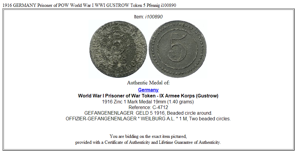 1916 GERMANY Prisoner of POW World War I WWI GUSTROW Token 5 Pfennig i100890