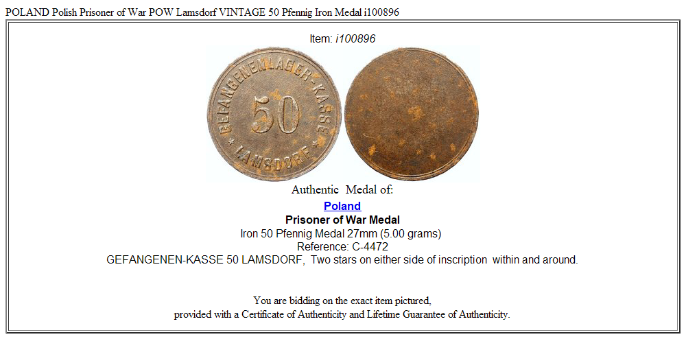 POLAND Polish Prisoner of War POW Lamsdorf VINTAGE 50 Pfennig Iron Medal i100896