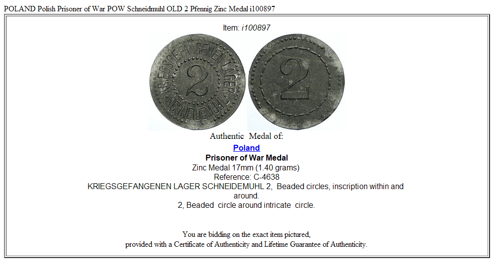 POLAND Polish Prisoner of War POW Schneidmuhl OLD 2 Pfennig Zinc Medal i100897