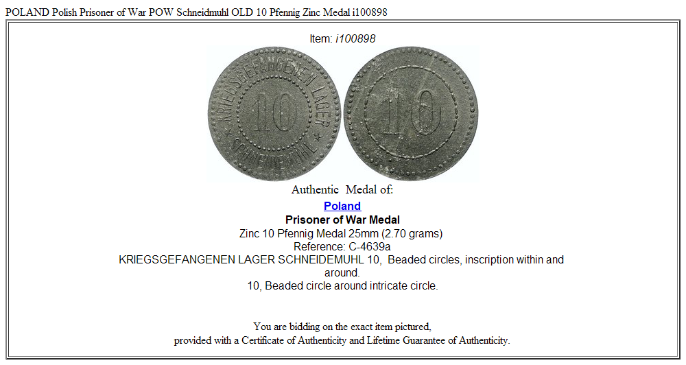 POLAND Polish Prisoner of War POW Schneidmuhl OLD 10 Pfennig Zinc Medal i100898