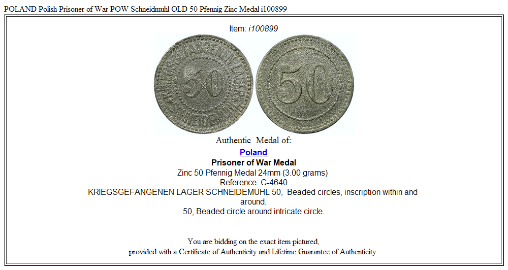 POLAND Polish Prisoner of War POW Schneidmuhl OLD 50 Pfennig Zinc Medal i100899